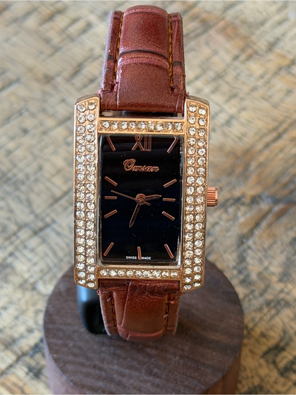 NEW! Omcan Crystal Rectangle Women’s Watch Brown Leather Swiss Made